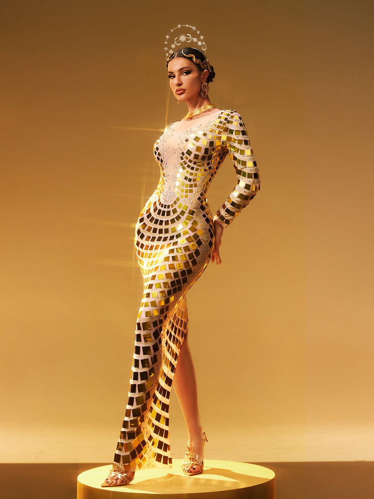 Long Sleeve Mirror Tile Mesh Embellished Maxi Gown 5