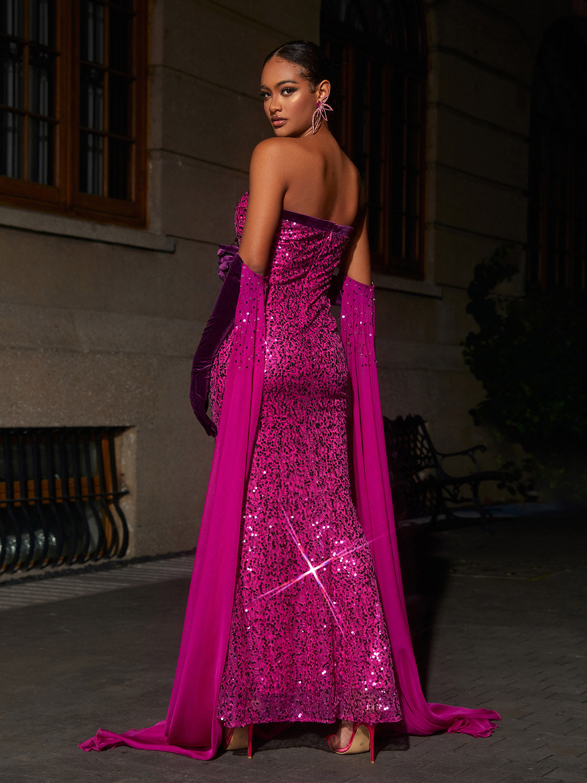 Strapless Sweetheart Velvet Bust Mesh Cutout Sequin Gown with Gloves 5
