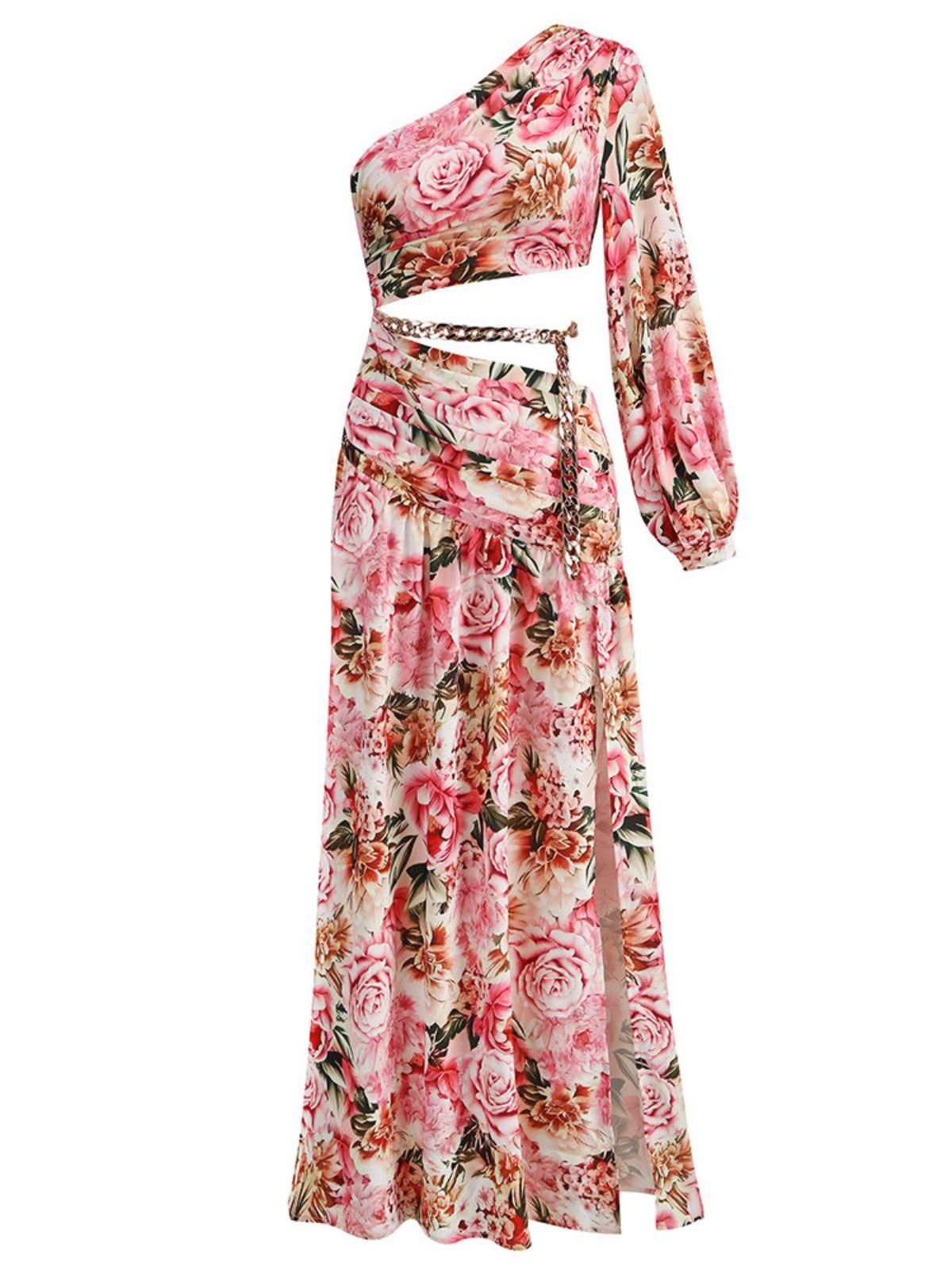 One Shoulder Floral Print Cutout Crop Top and Chain Waist Ruched Slit Maxi Skirt Set 7