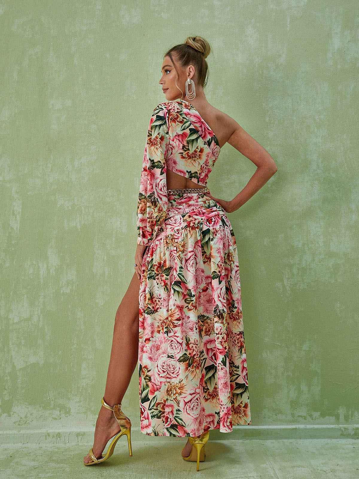 One Shoulder Floral Print Cutout Crop Top and Chain Waist Ruched Slit Maxi Skirt Set 6