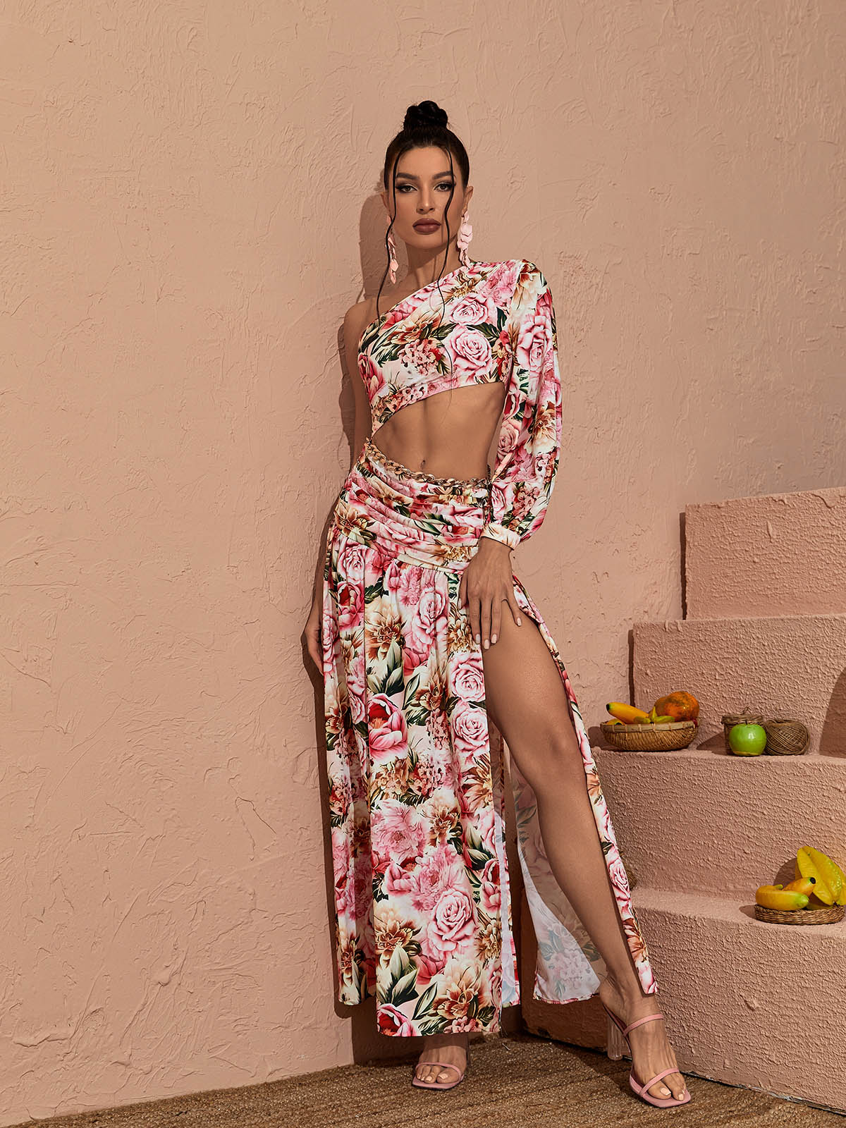 One Shoulder Floral Print Cutout Crop Top and Chain Waist Ruched Slit Maxi Skirt Set