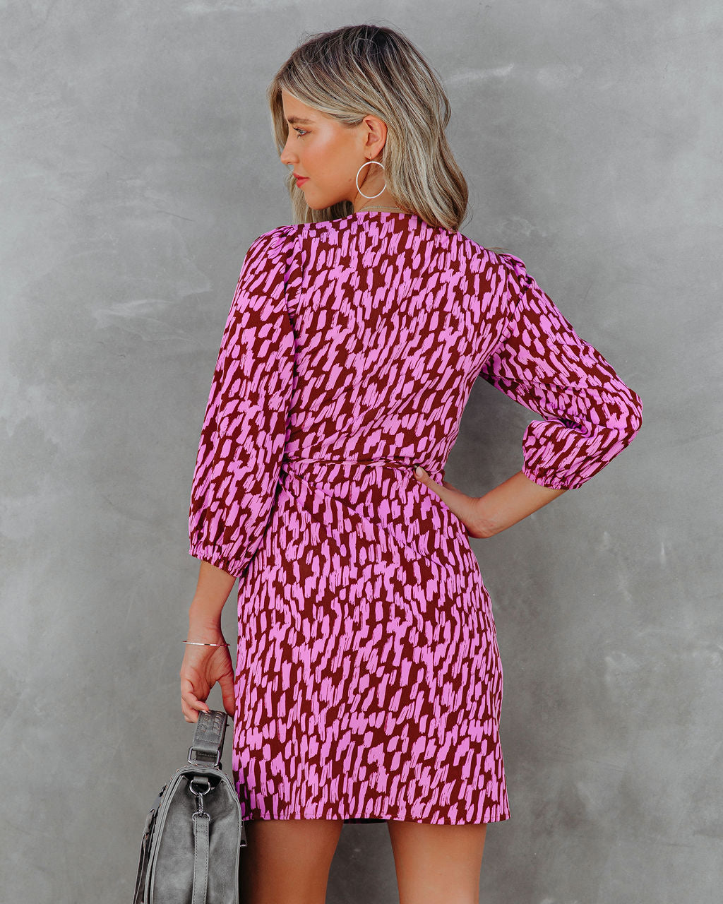 Abstract Print Wrap Tie Waist Puff Sleeve Mini Dress 2