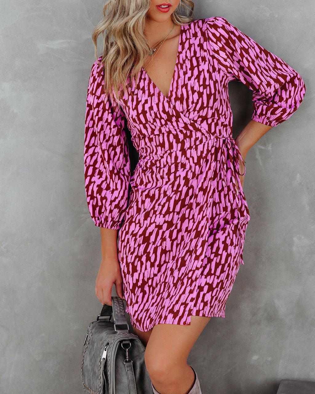 Abstract Print Wrap Tie Waist Puff Sleeve Mini Dress 5
