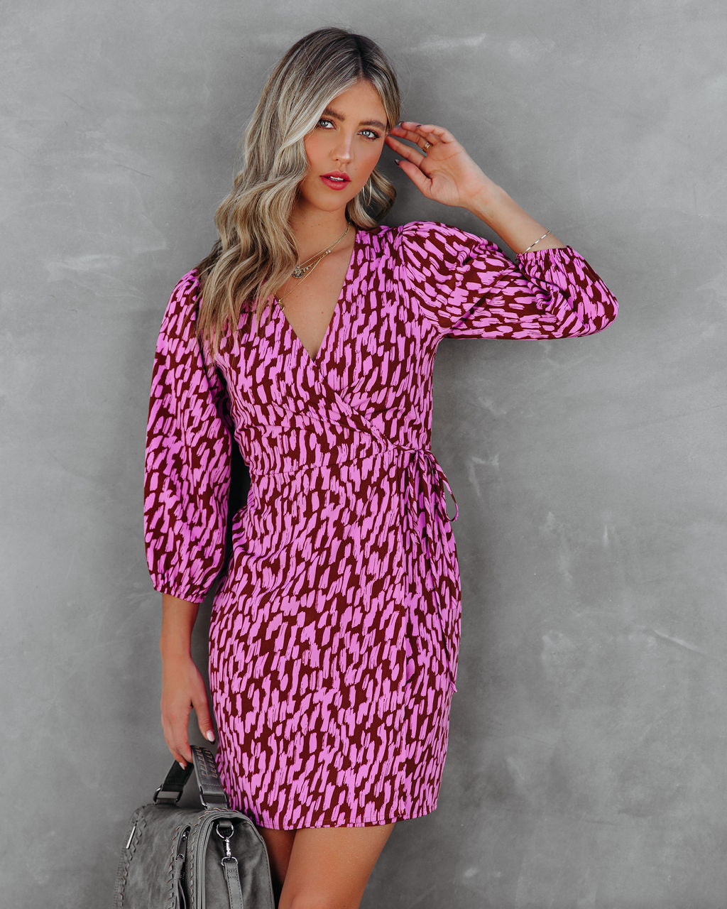 Abstract Print Wrap Tie Waist Puff Sleeve Mini Dress 6