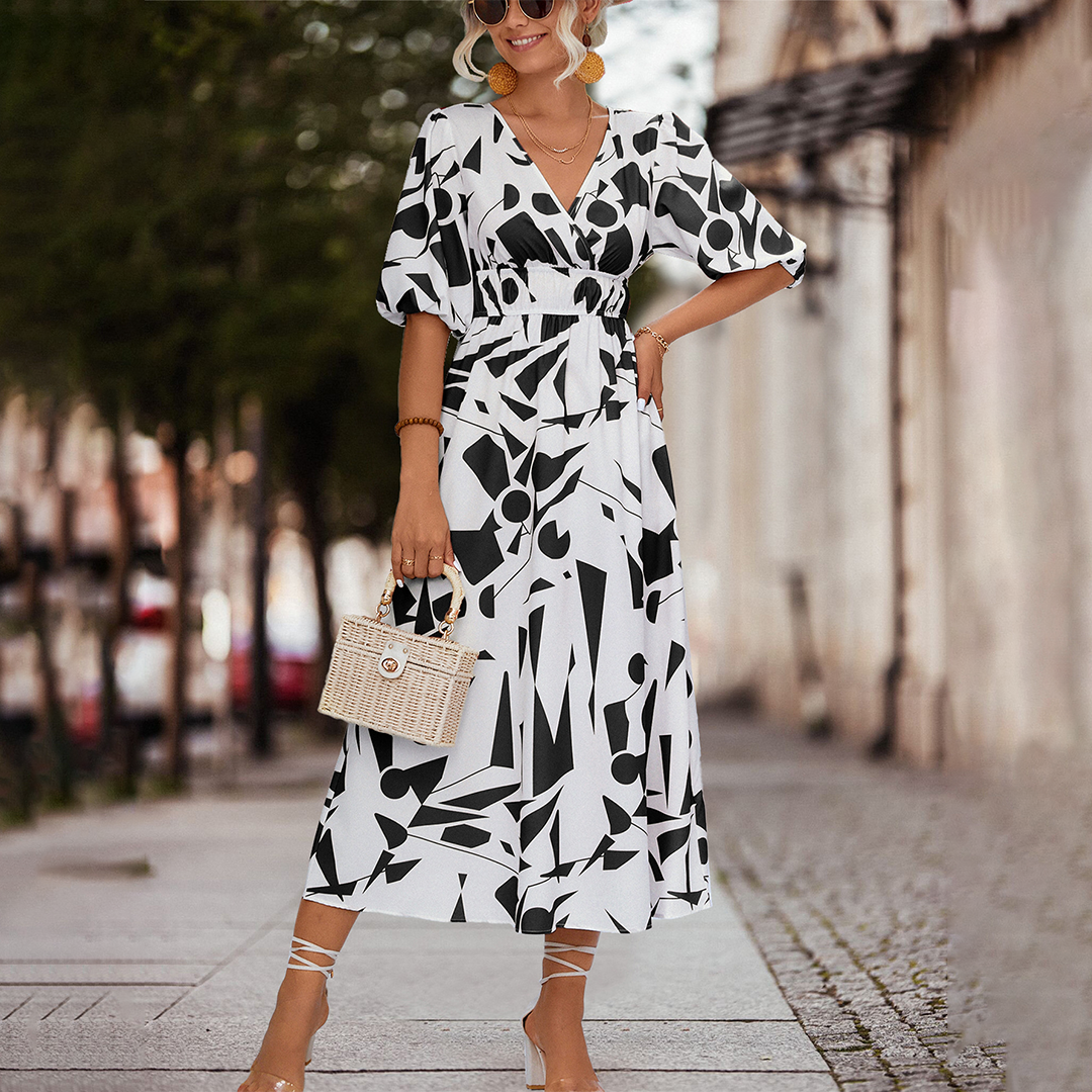 Deep V-Neck Puff Sleeve Smocked Waist Abstract Geometric Print Midi Dress 7