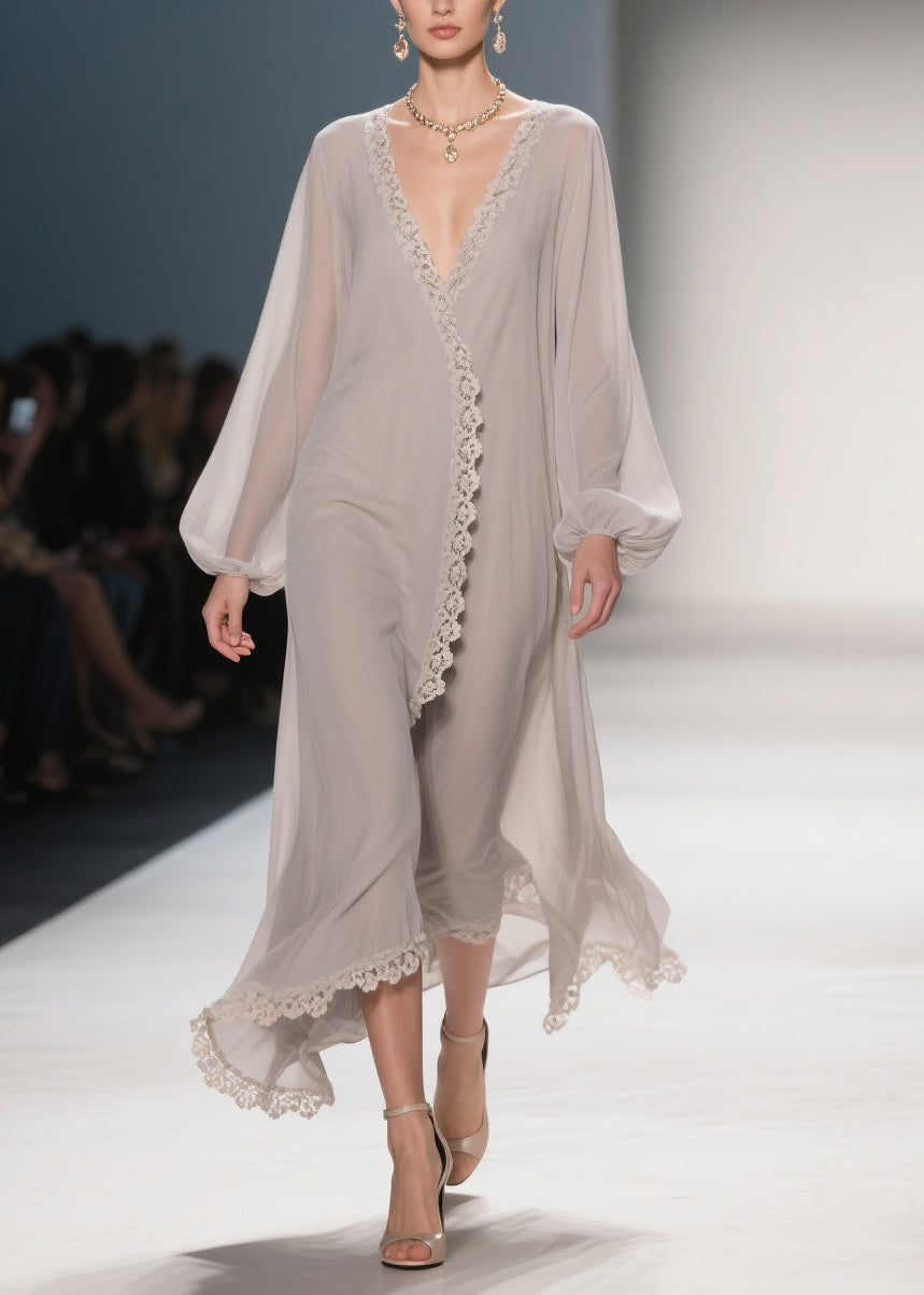 Lace Trim Wrap V-Neck Balloon Sleeve Chiffon Maxi Robe Dress