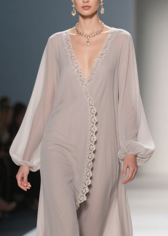 Lace Trim Wrap V-Neck Balloon Sleeve Chiffon Maxi Robe Dress 2