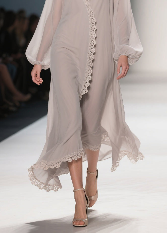Lace Trim Wrap V-Neck Balloon Sleeve Chiffon Maxi Robe Dress 4