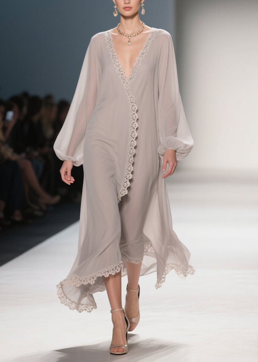 Lace Trim Wrap V-Neck Balloon Sleeve Chiffon Maxi Robe Dress 5