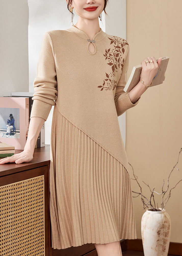Mandarin Collar Embroidered Pleated Asymmetric Knit Midi Dress