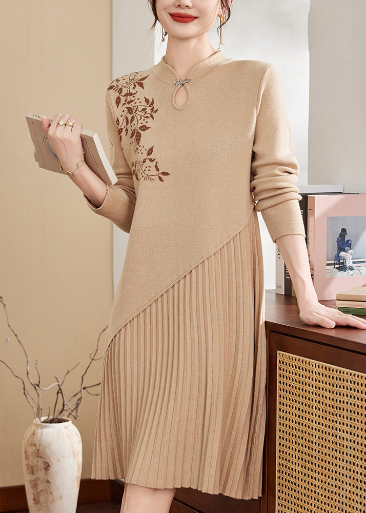 Mandarin Collar Embroidered Pleated Asymmetric Knit Midi Dress 3