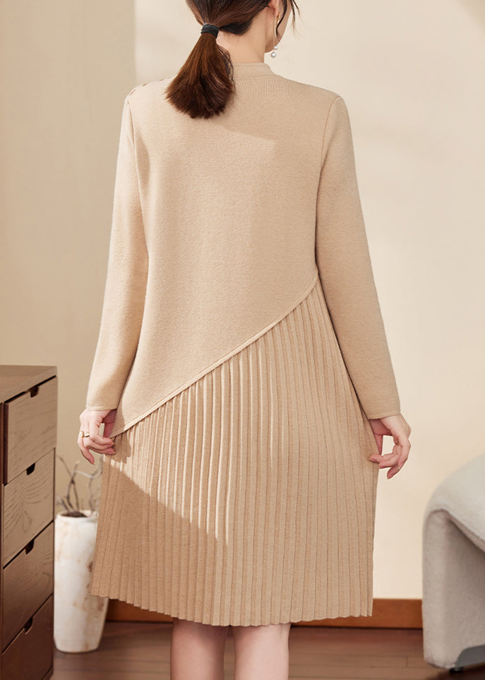Mandarin Collar Embroidered Pleated Asymmetric Knit Midi Dress 4