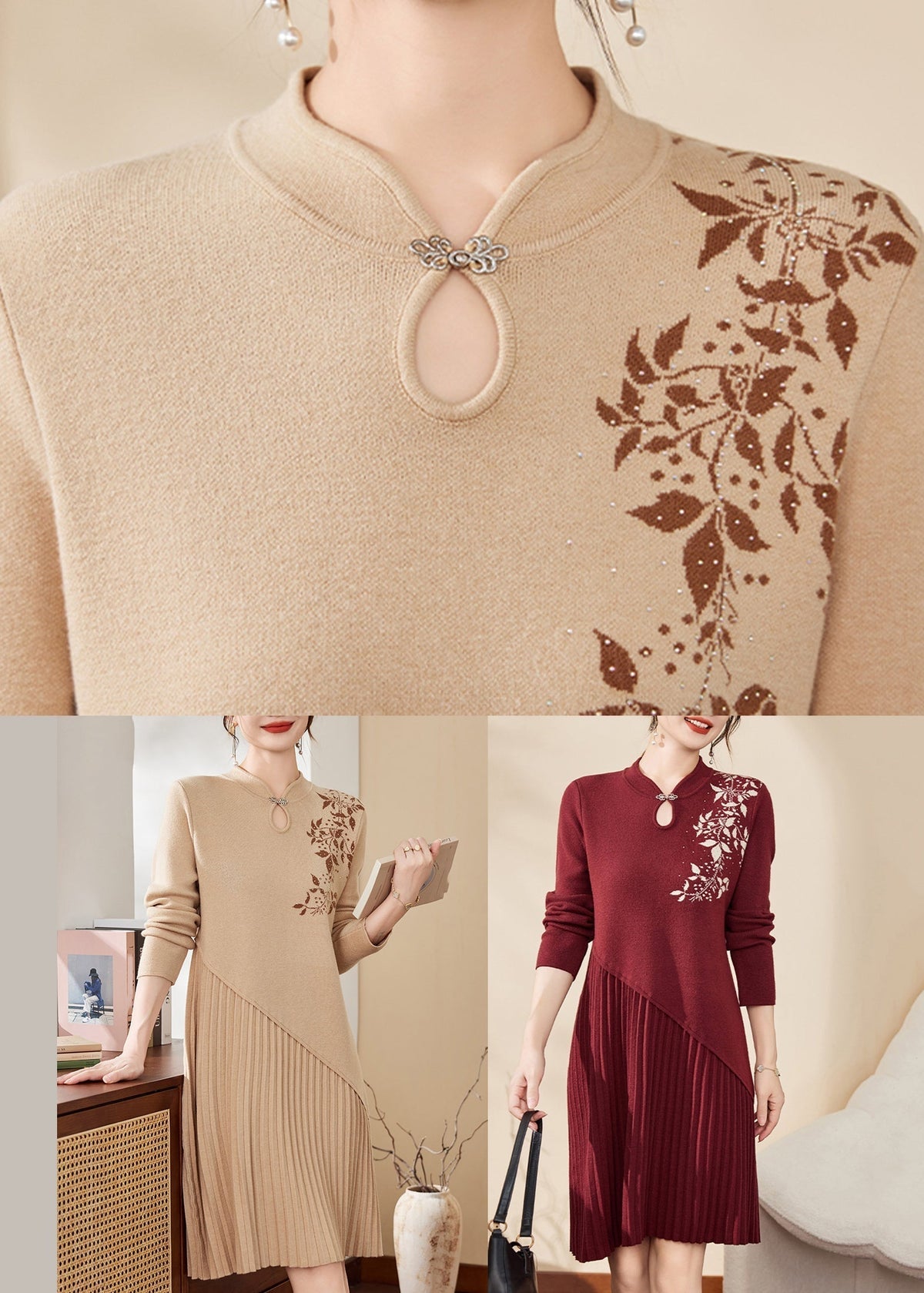 Mandarin Collar Embroidered Pleated Asymmetric Knit Midi Dress 5