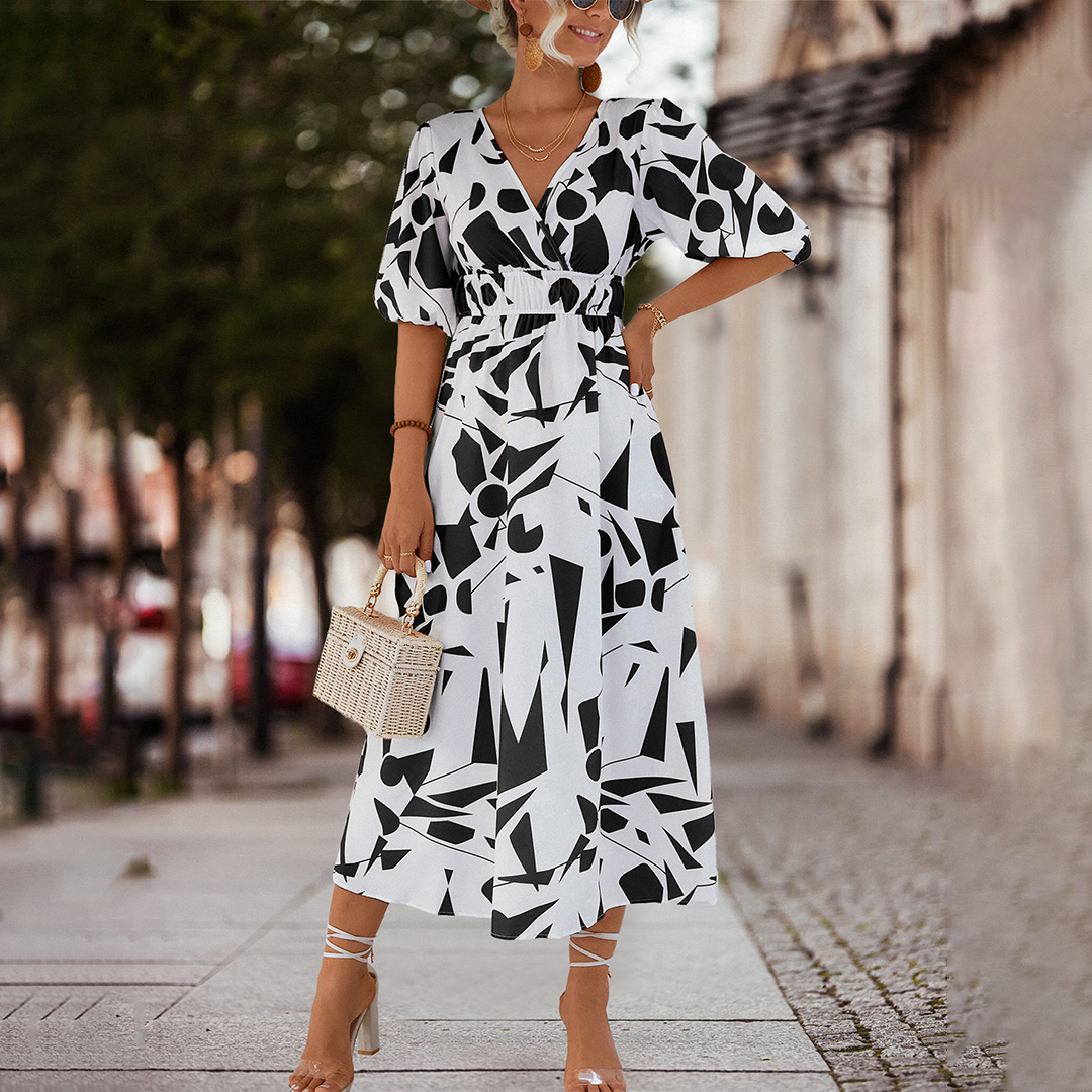 Deep V-Neck Puff Sleeve Smocked Waist Abstract Geometric Print Midi Dress 2