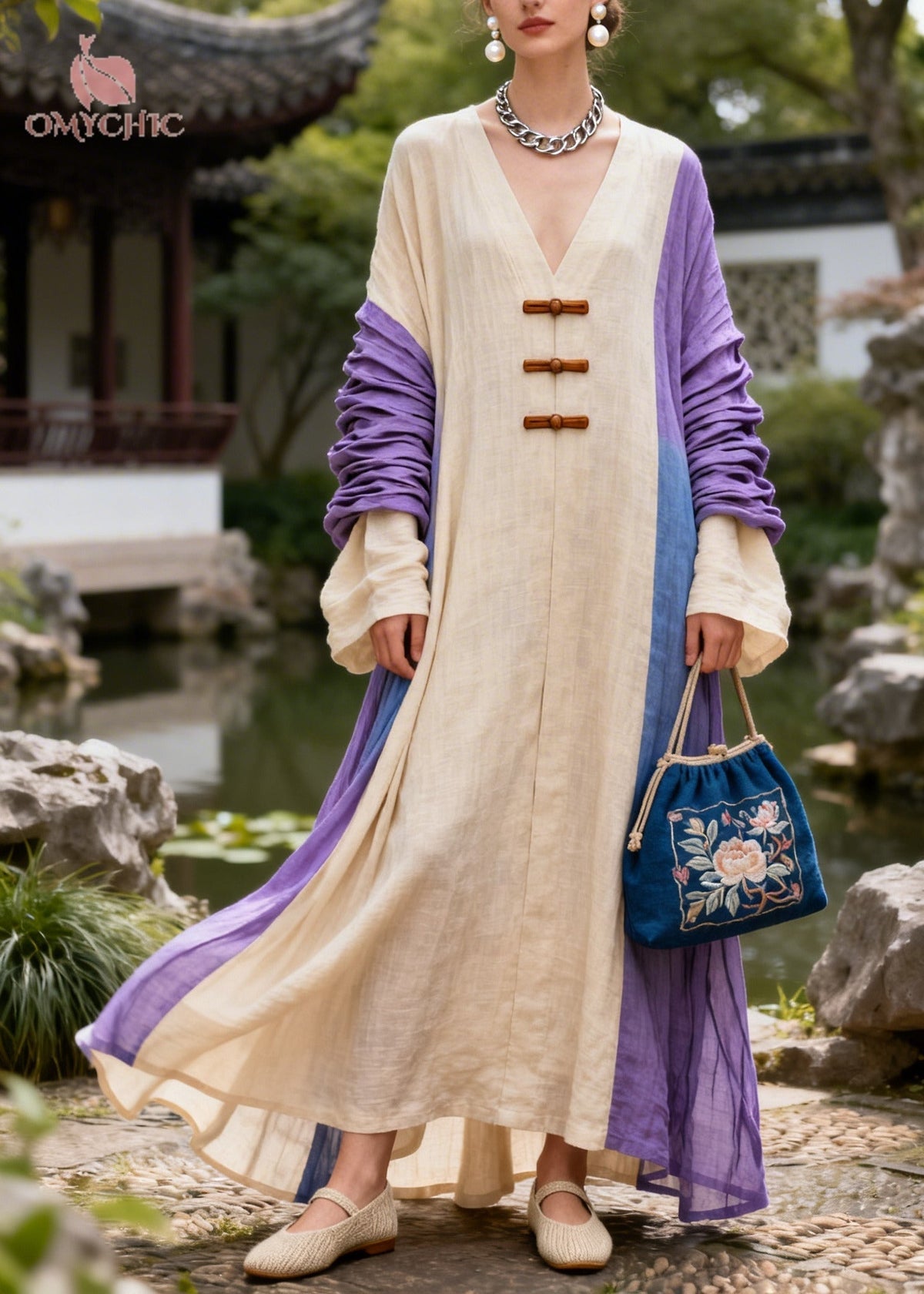 Deep V-Neck Frog Button Ruched Bell Sleeve Colorblock Linen Maxi Dress