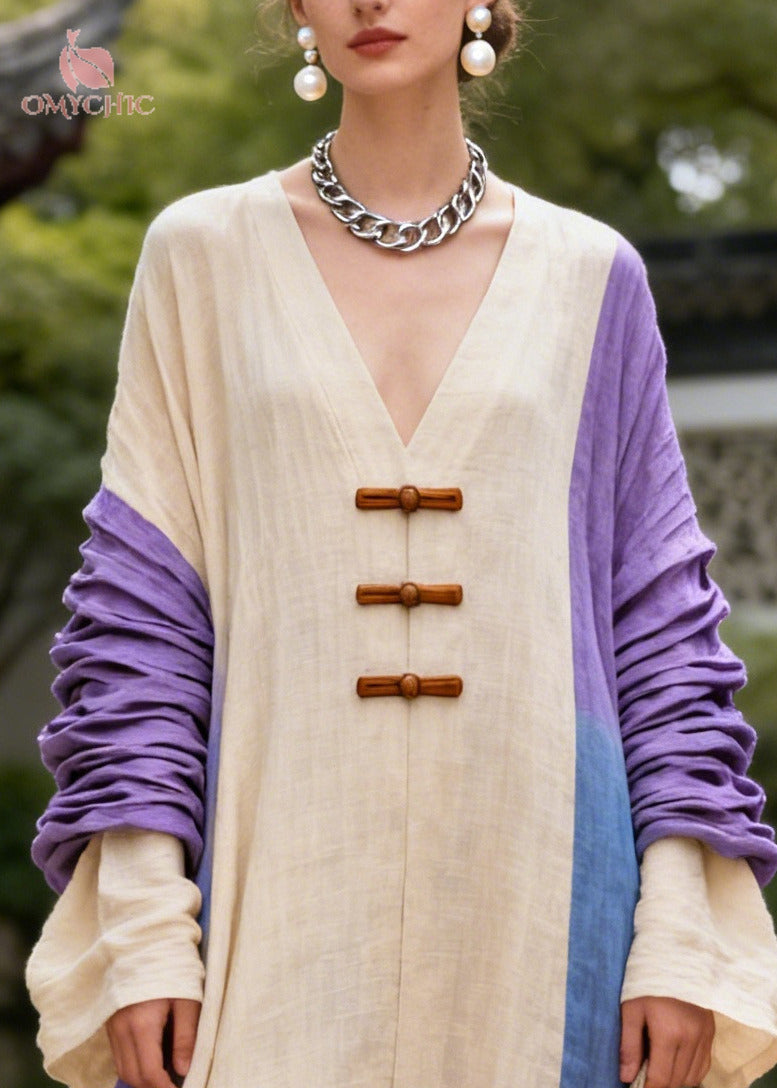 Deep V-Neck Frog Button Ruched Bell Sleeve Colorblock Linen Maxi Dress 2