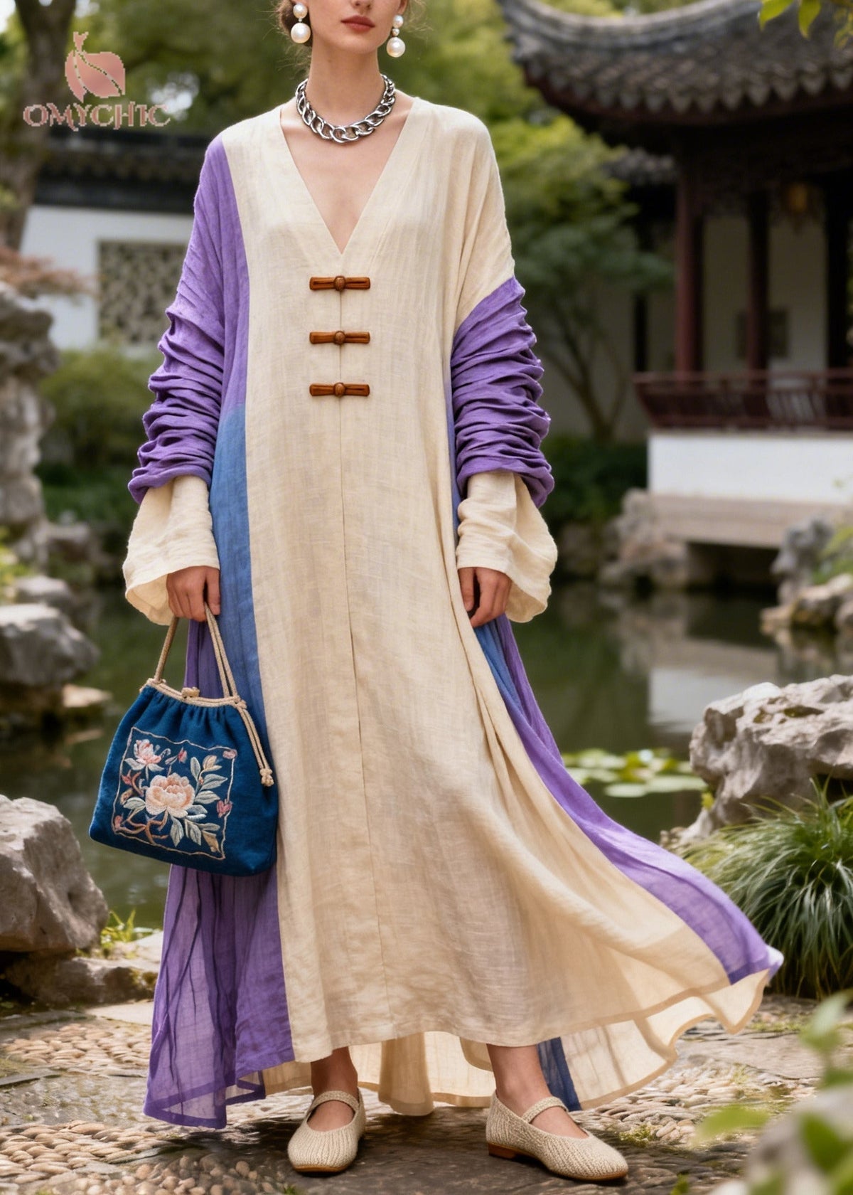 Deep V-Neck Frog Button Ruched Bell Sleeve Colorblock Linen Maxi Dress 3