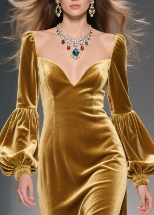 Sweetheart Neck Bishop Sleeve Velvet High-Slit Column Gown 2