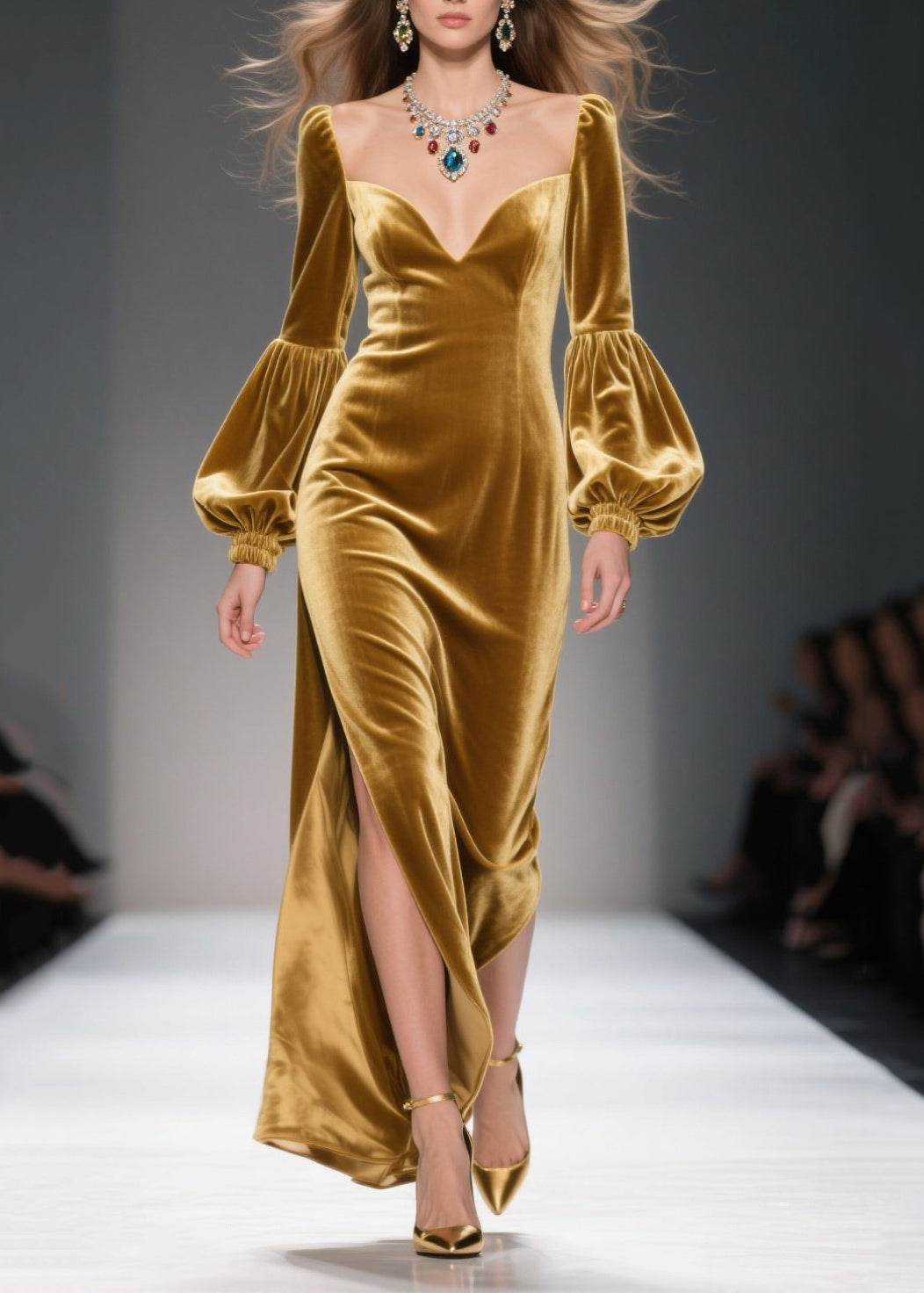 Sweetheart Neck Bishop Sleeve Velvet High-Slit Column Gown 3