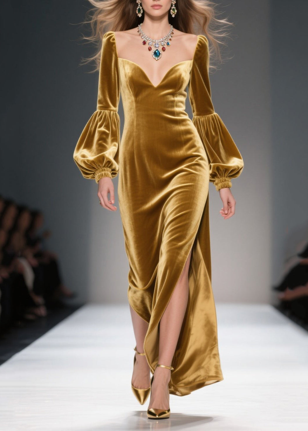 Sweetheart Neck Bishop Sleeve Velvet High-Slit Column Gown 5