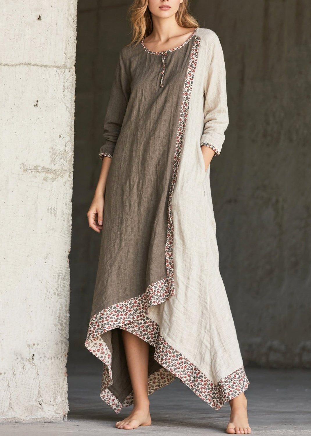 Round Neck Floral Trim Panel Asymmetric Handkerchief Hem Maxi Dress