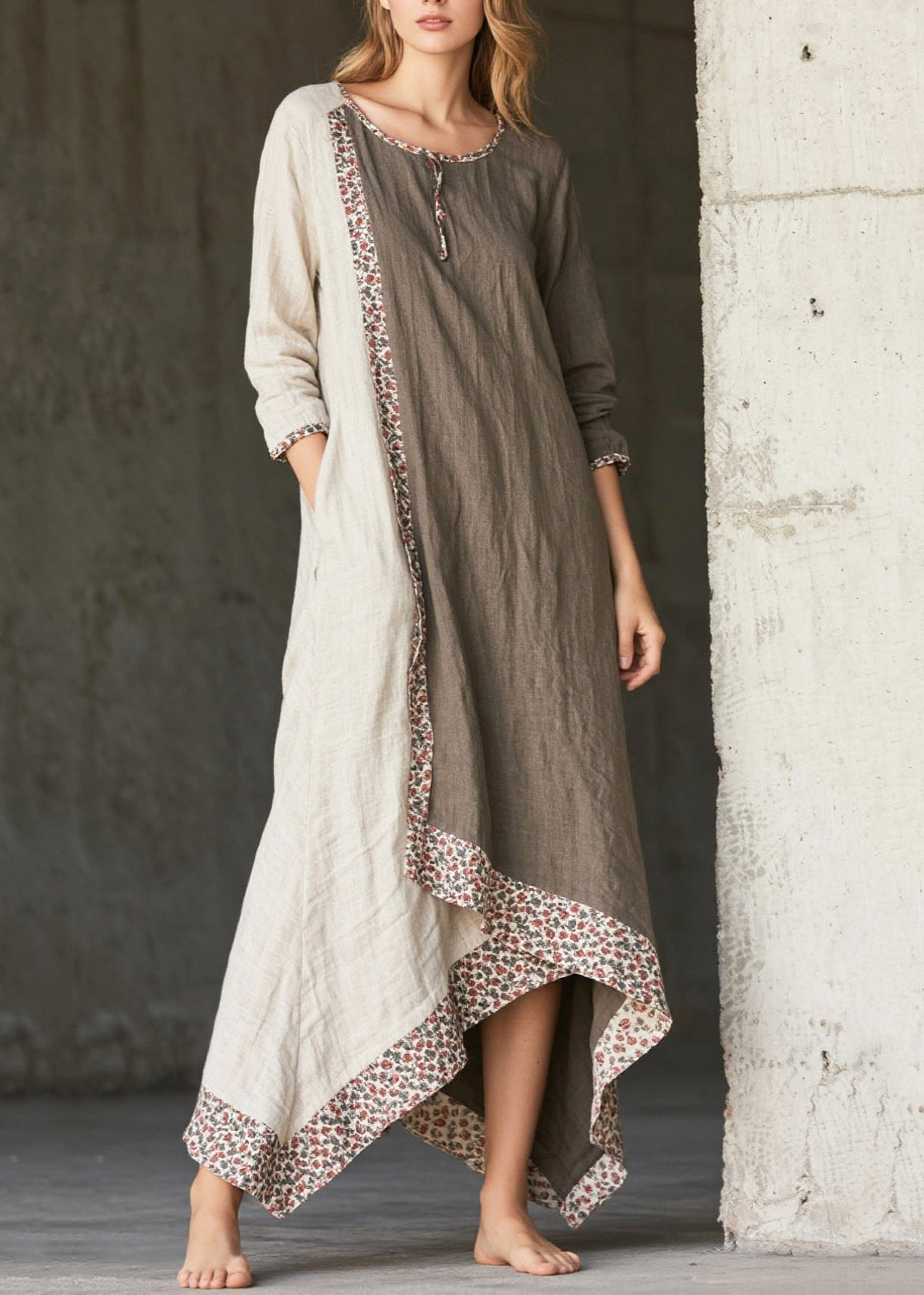 Round Neck Floral Trim Panel Asymmetric Handkerchief Hem Maxi Dress 3