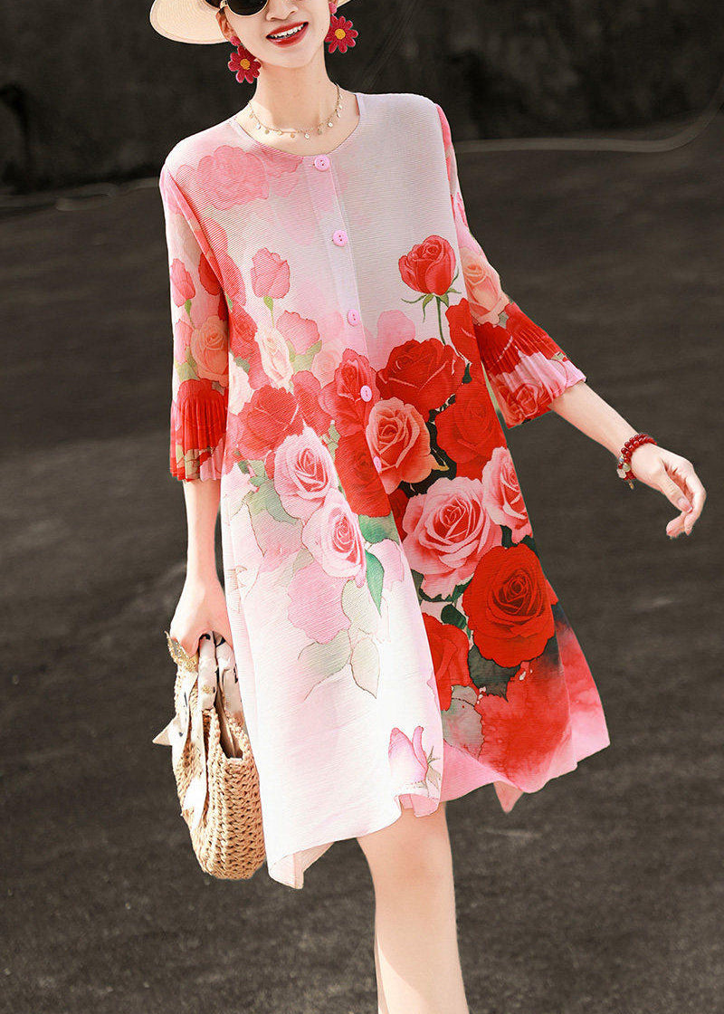 Round Neck Button Front Plisse Pleated Ruffle Cuff Floral Mini Shift Dress