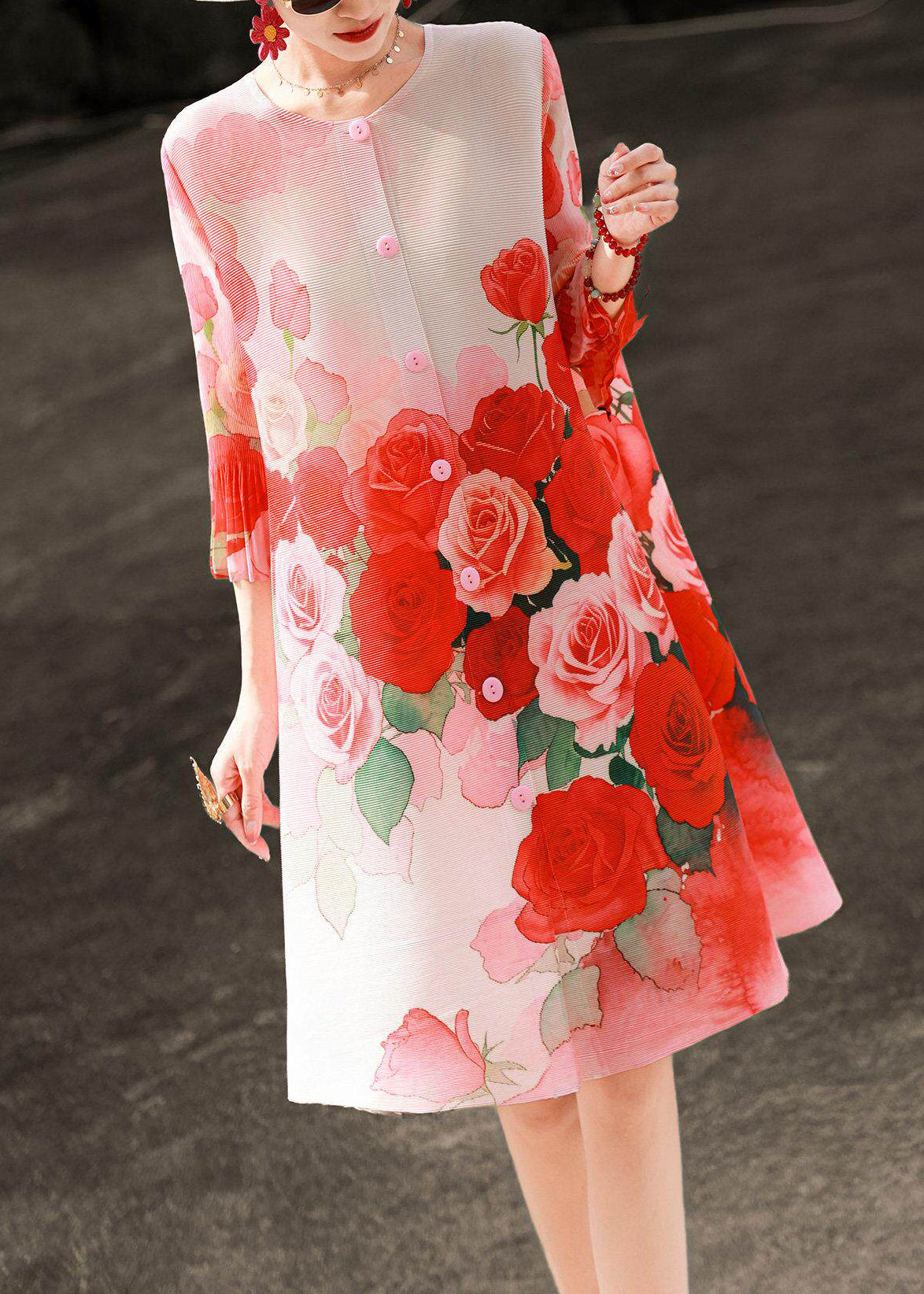 Round Neck Button Front Plisse Pleated Ruffle Cuff Floral Mini Shift Dress 2