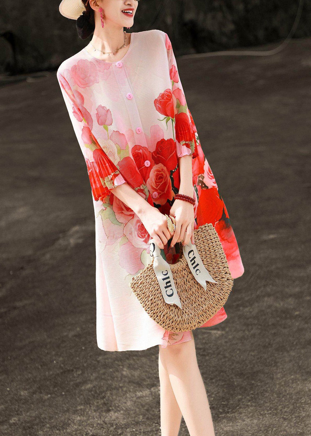 Round Neck Button Front Plisse Pleated Ruffle Cuff Floral Mini Shift Dress 3