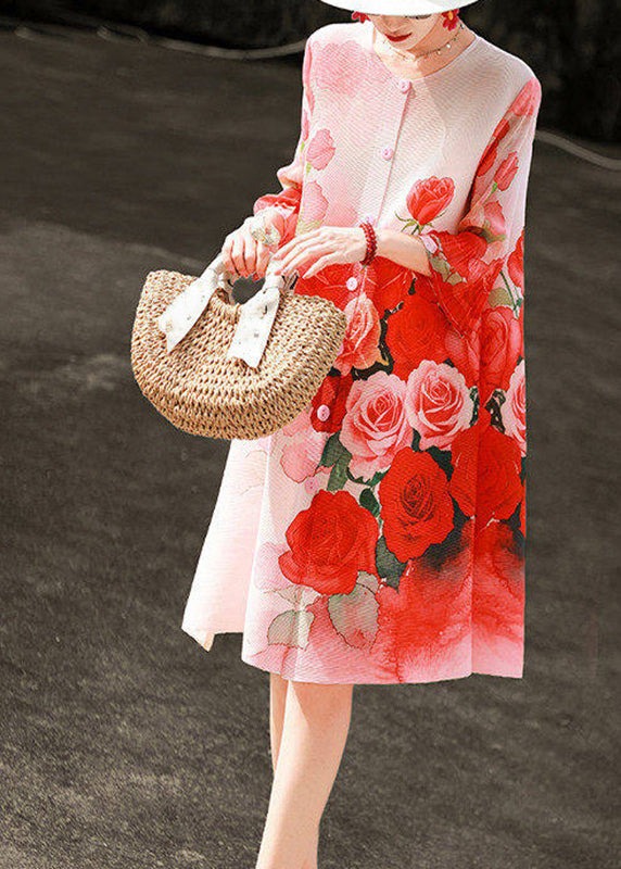 Round Neck Button Front Plisse Pleated Ruffle Cuff Floral Mini Shift Dress 4