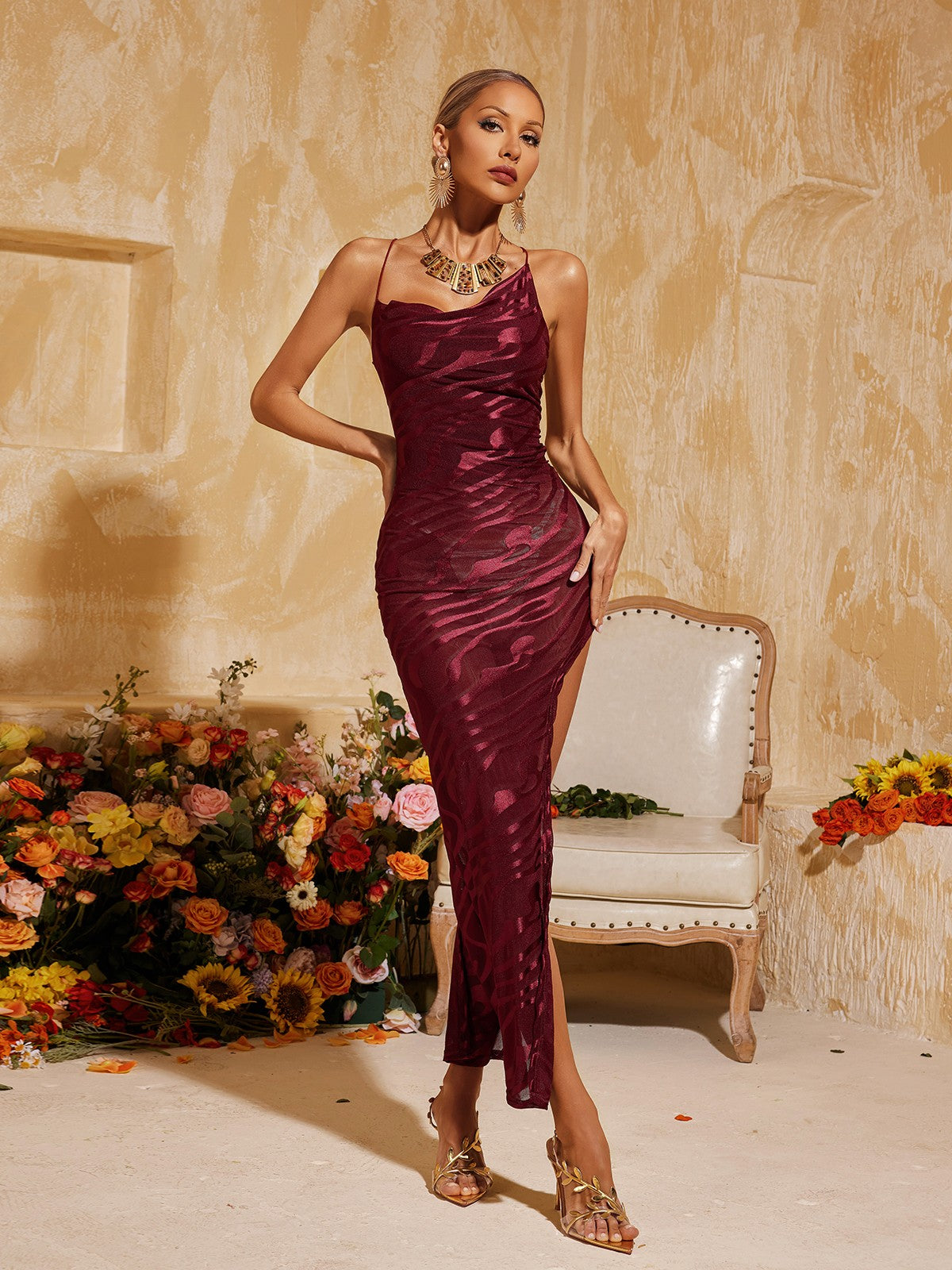 Cowl Neck Spaghetti Strap Jacquard Burnout High Slit Maxi Dress