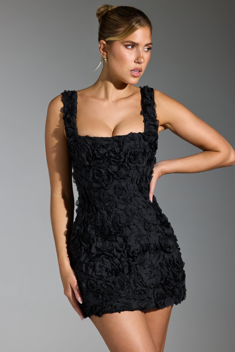 Square Neck 3D Rosette Applique Bodycon Mini Dress 4