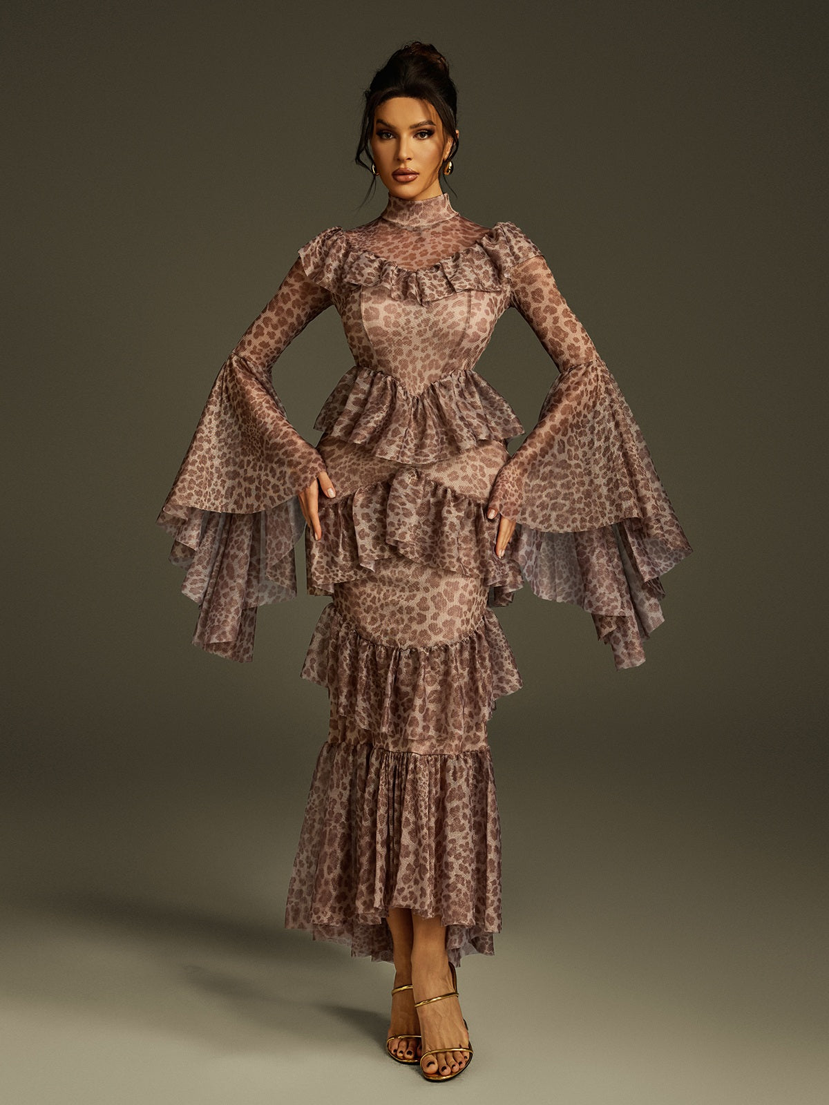 Bell Sleeve Print Smocked Waist Midi Dress