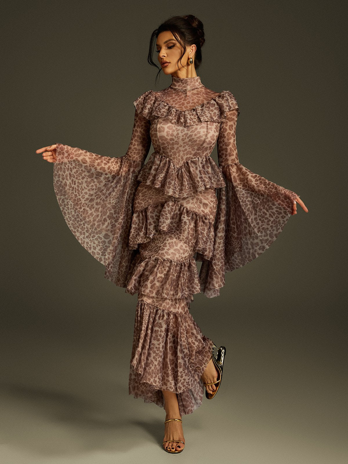 Bell Sleeve Print Smocked Waist Midi Dress 2