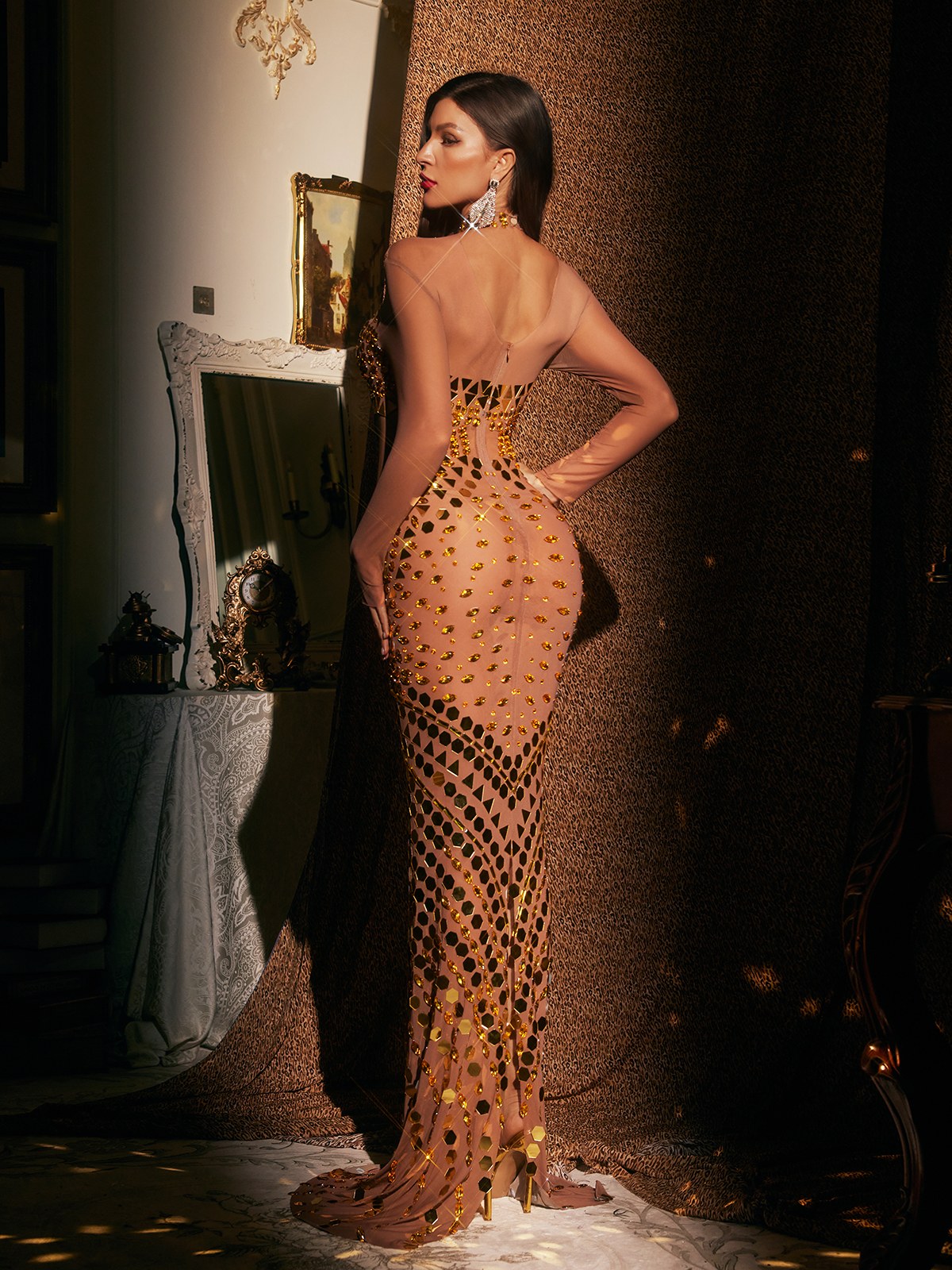 Spaghetti Strap Cutout Rhinestone Mesh Overlay Column Maxi Dress 6