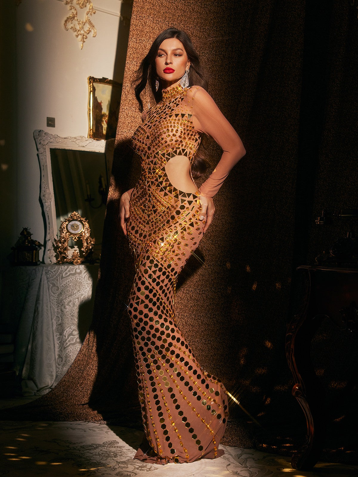 Spaghetti Strap Cutout Rhinestone Mesh Overlay Column Maxi Dress 4