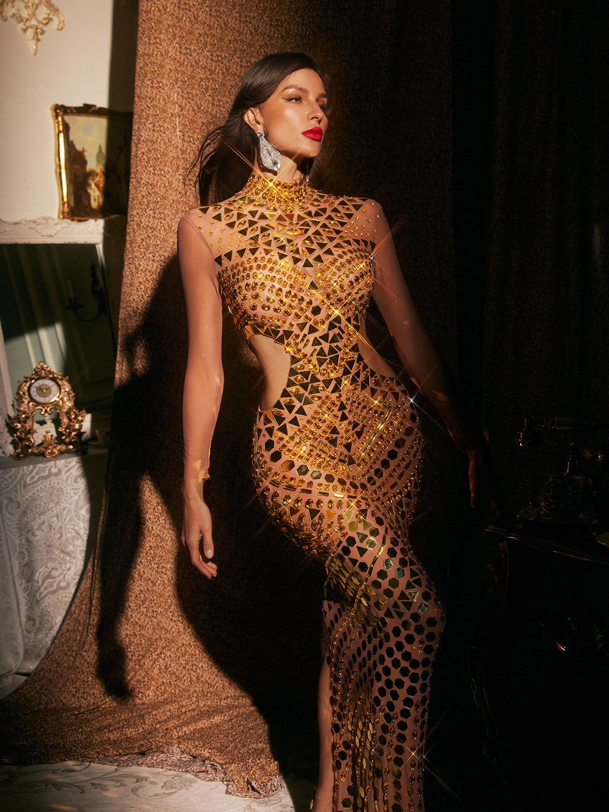Spaghetti Strap Cutout Rhinestone Mesh Overlay Column Maxi Dress 5