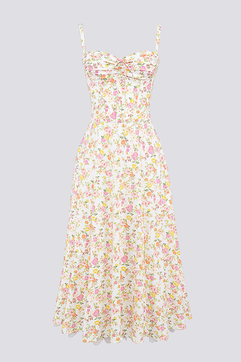 Ditsy Floral Sweetheart Corset Tie-Front Lace Trim Midi Dress 11