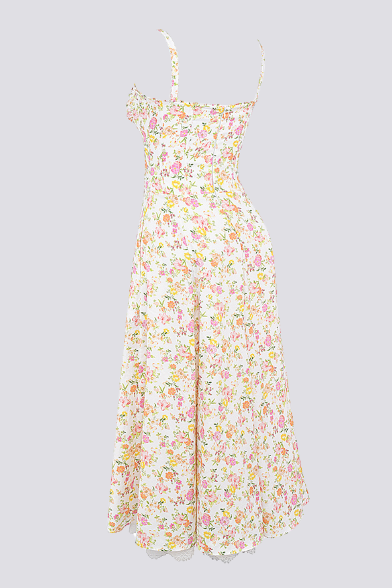 Ditsy Floral Sweetheart Corset Tie-Front Lace Trim Midi Dress 12
