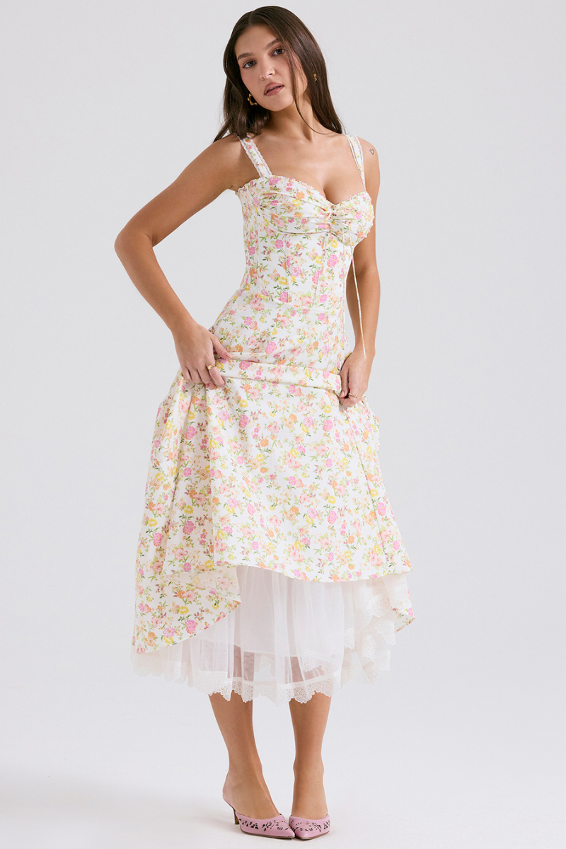 Ditsy Floral Sweetheart Corset Tie-Front Lace Trim Midi Dress 2