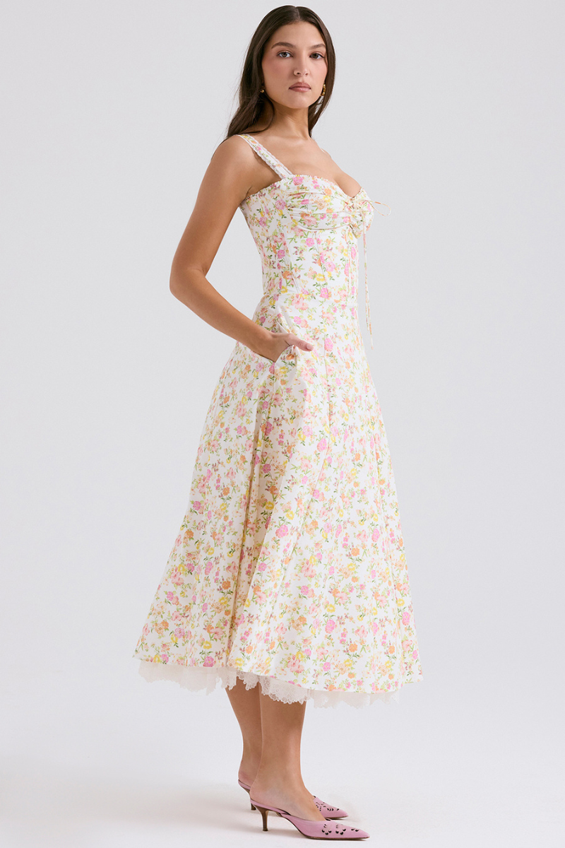 Ditsy Floral Sweetheart Corset Tie-Front Lace Trim Midi Dress 3