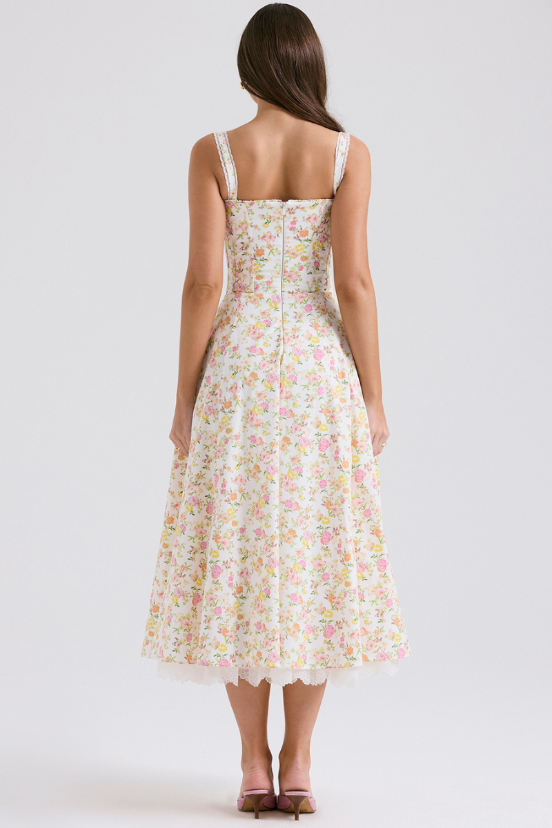 Ditsy Floral Sweetheart Corset Tie-Front Lace Trim Midi Dress 5