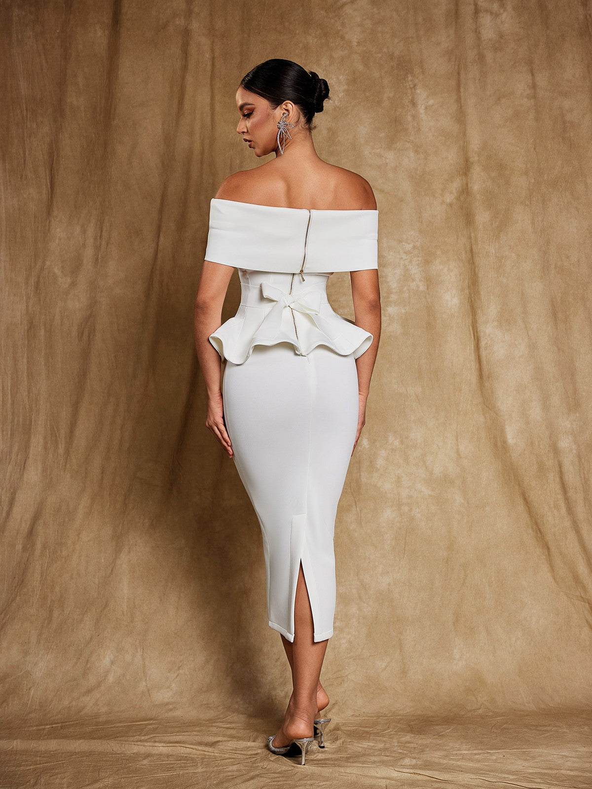 Off Shoulder Foldover Band Peplum Ruffle Waist Pencil Midi Dress 6