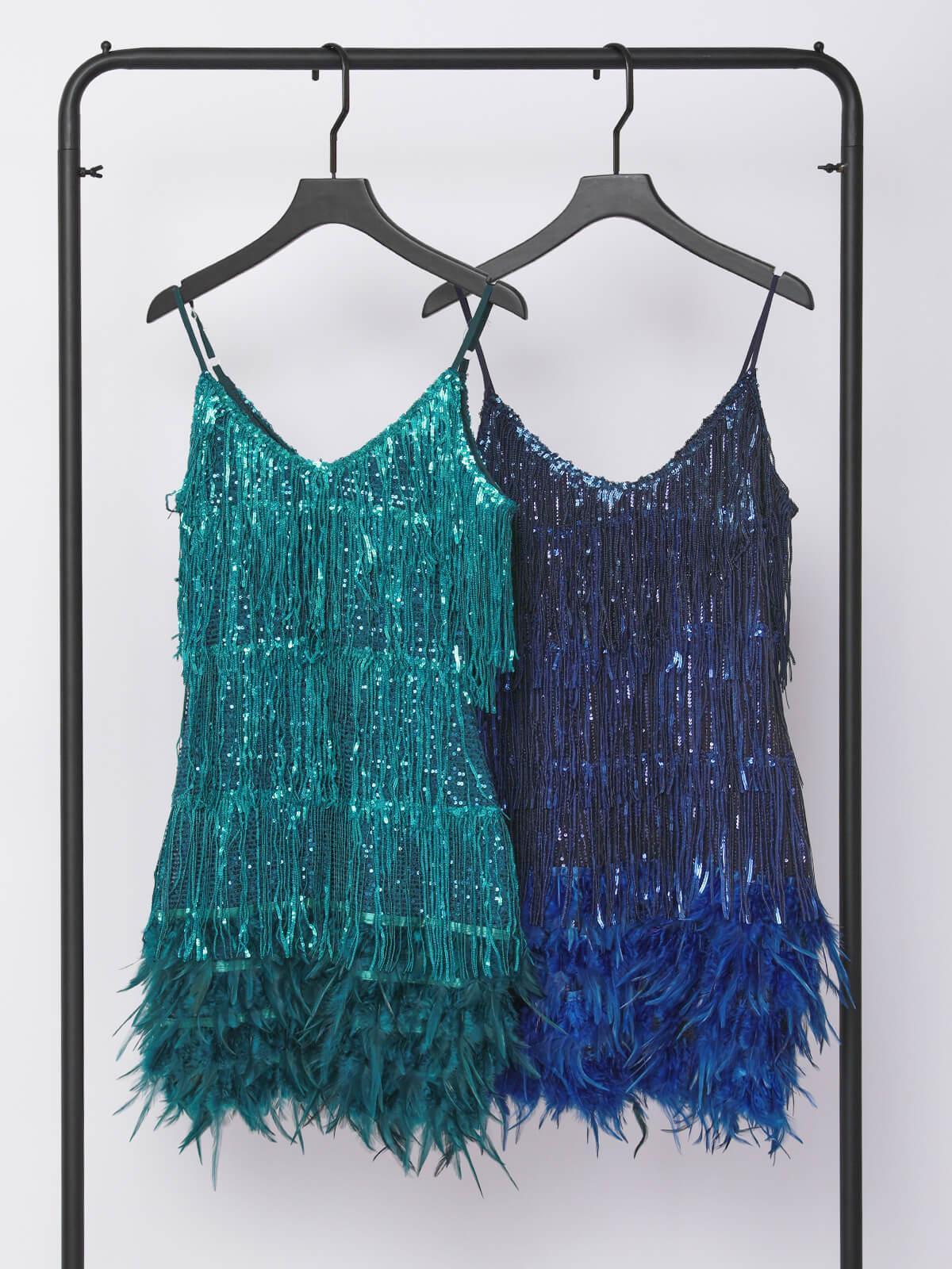 Spaghetti Strap Tiered Sequin Fringe Feather Hem Mini Dress 3