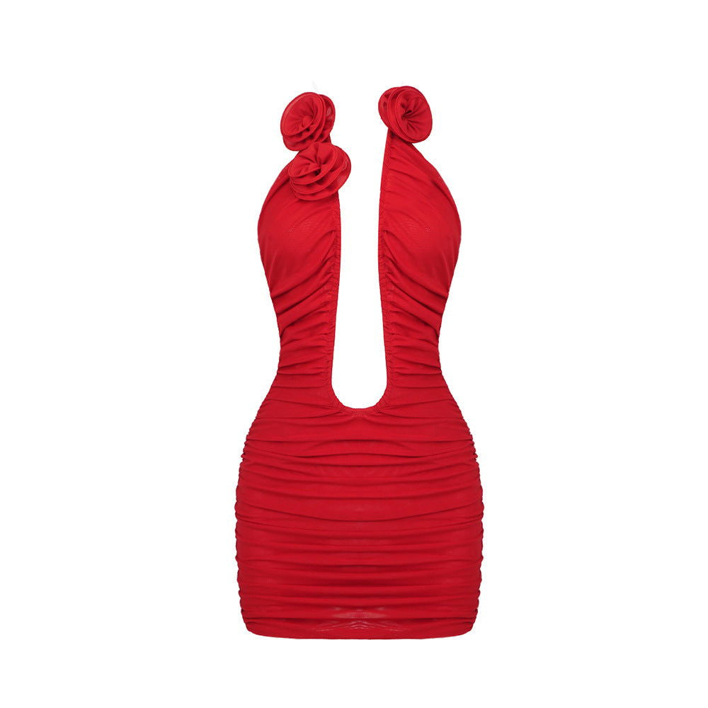 3D Floral Applique Plunge Cutout Ruched Strapless Backless Mesh Mini Dress 5