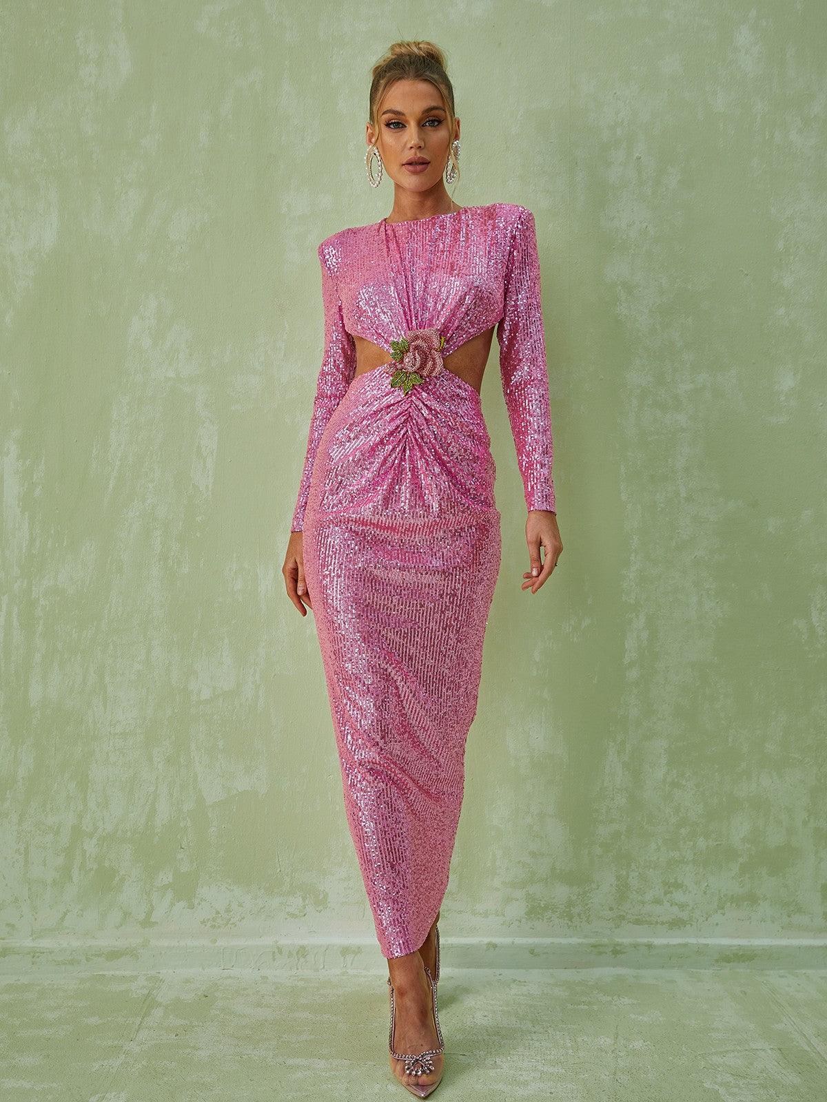 Round Neck Long Sleeve Waist Cutout Rosette Sequin Bodycon Maxi Dress
