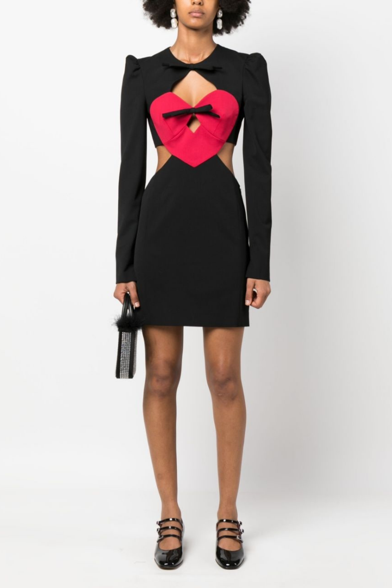 Round Neck Bow Cutout Heart Panel Long Sleeve Bodycon Mini Dress