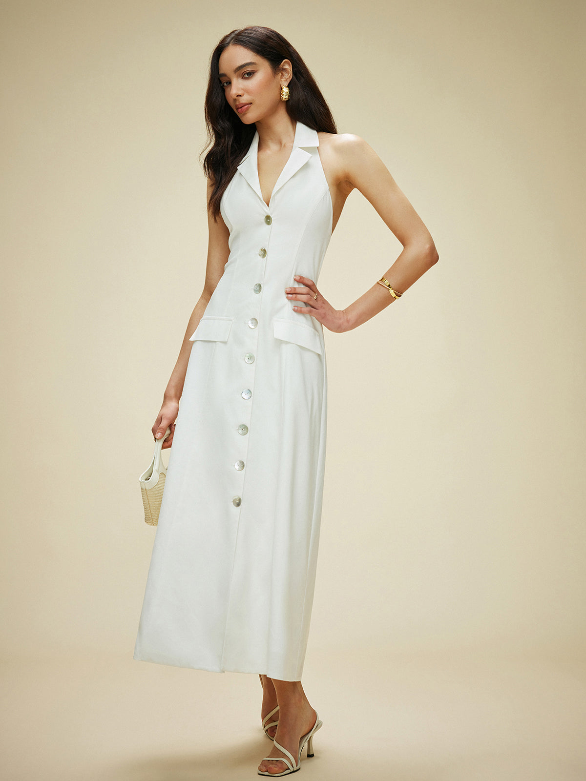 White Cotton And Linen Pocket-detail Halter Neck Tie-back Dress 2