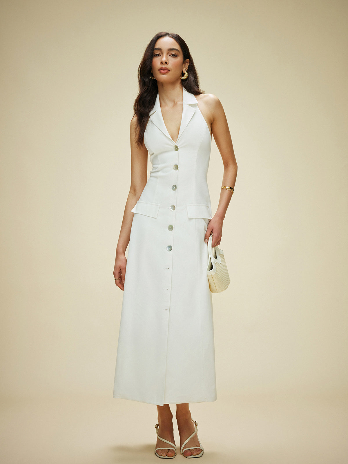 White Cotton And Linen Pocket-detail Halter Neck Tie-back Dress 4
