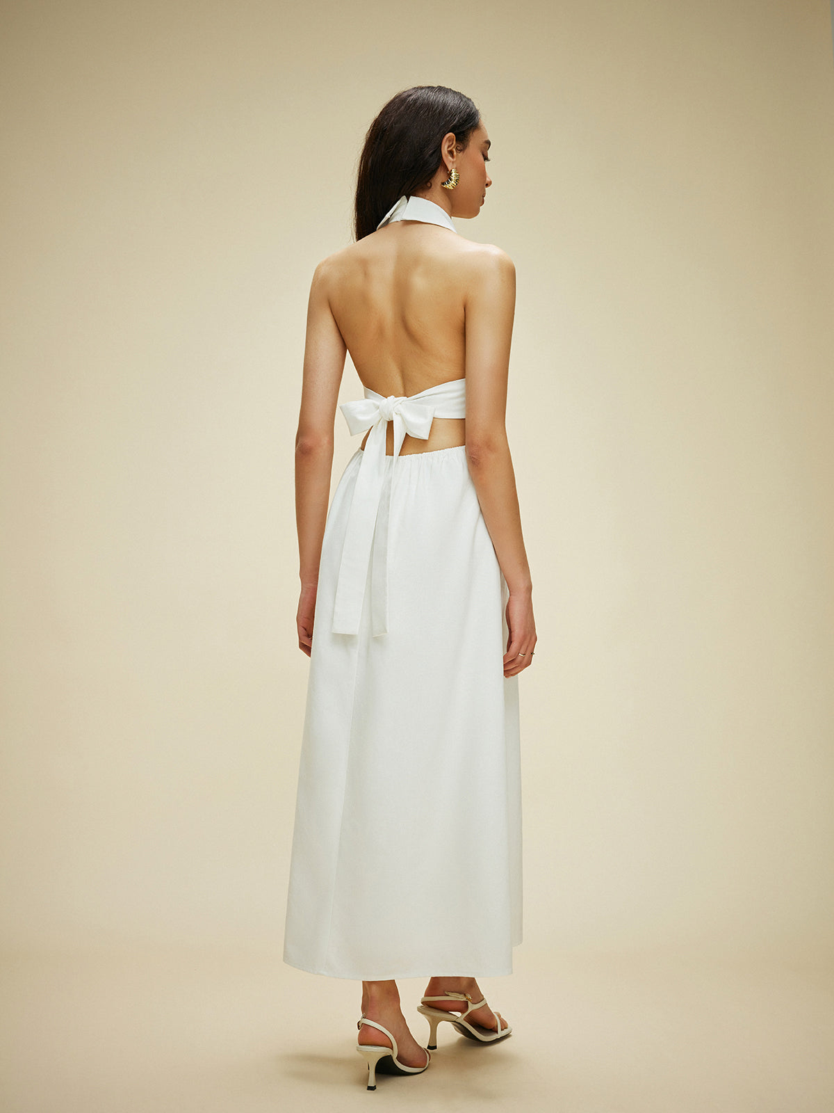 White Cotton And Linen Pocket-detail Halter Neck Tie-back Dress 7